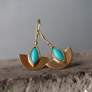 Semicircle Gold Dangle Earrings with Turquoise • Handcrafted Gold Earrings with Marquise Gemstone | Christmas Gift for Her